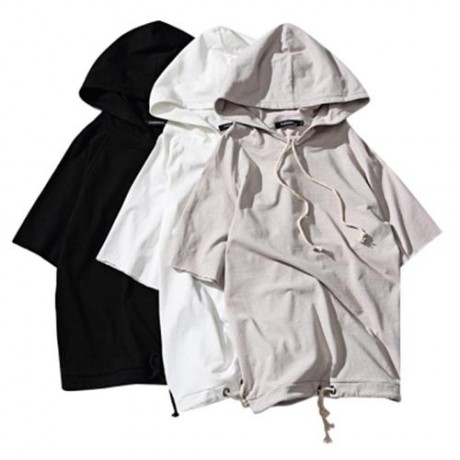 CUT OFF PULLOVER HALF SLEEVE SOLID COLOR MALE HOODIES (KHAKI)