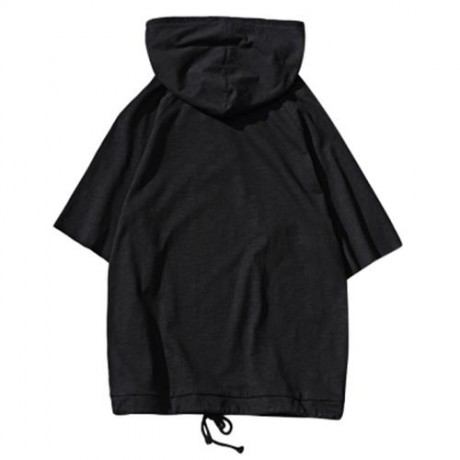 CUT OFF PULLOVER HALF SLEEVE SOLID COLOR MALE HOODIES (BLACK)