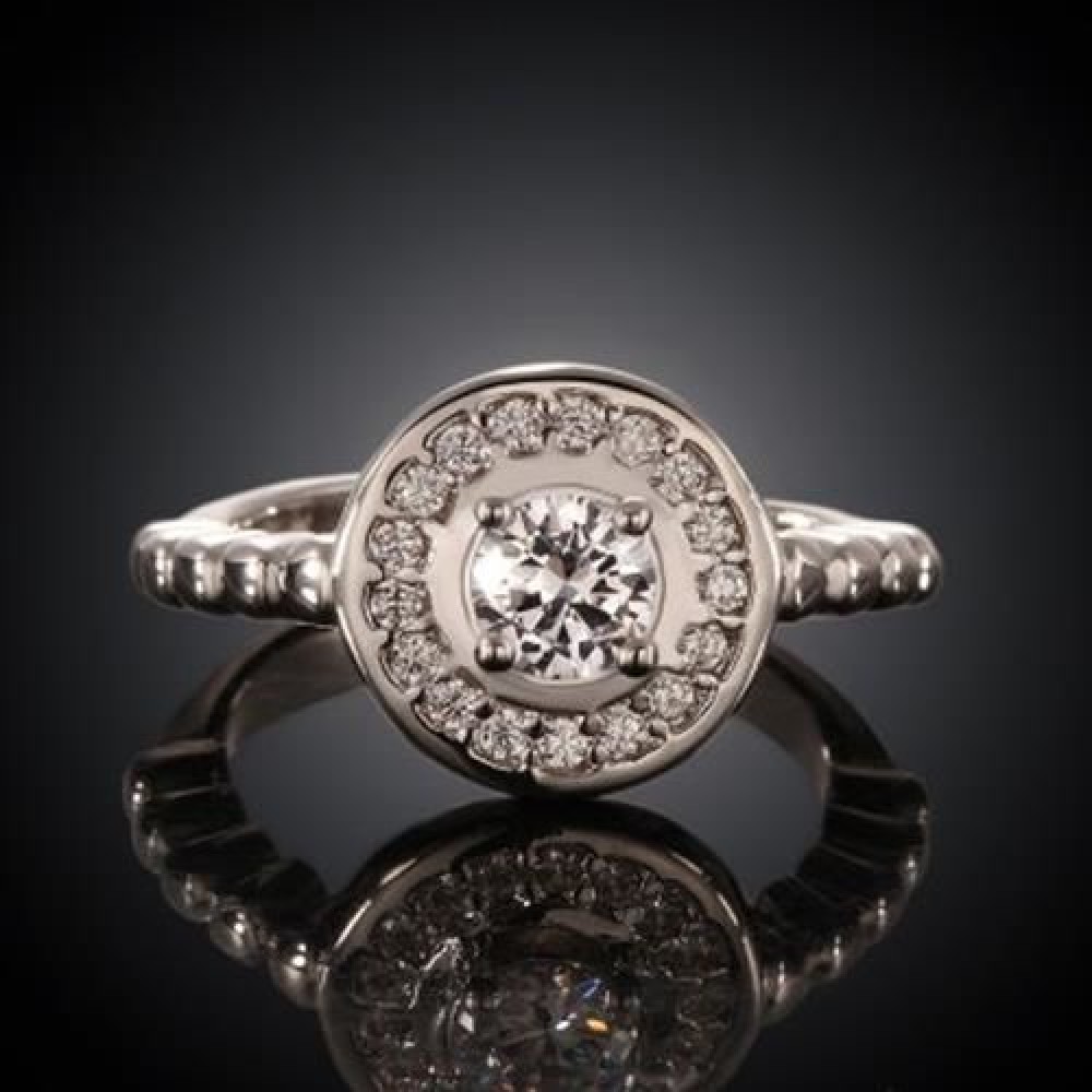 DELICATE WOMEN'S RHINESTONE DECORATED ROUND WHITE GOLD RING (PLATINUM)