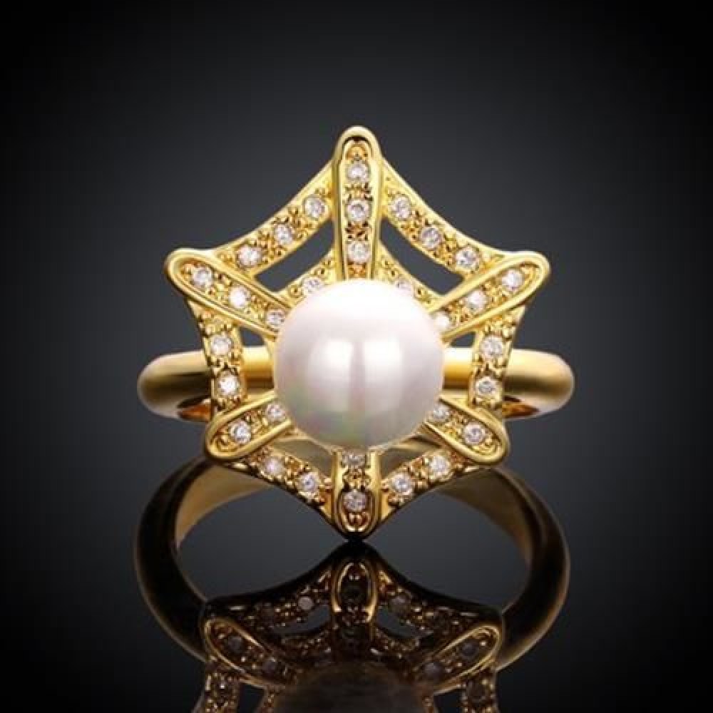 FASHIONABLE WOMEN'S RHINESTONE FAUX PEARL DECORATED GEOMETRIC RING (GOLD)
