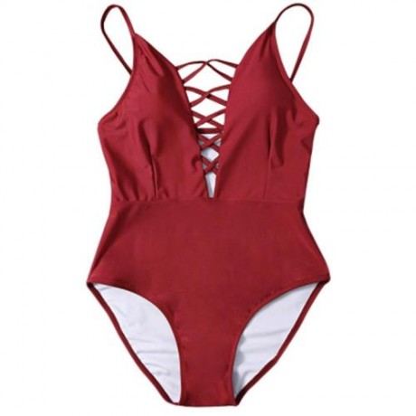 SPAGHETTI STRAP HOLLOW OUT PAD BACKLESS WOMEN SWIMSUIT (RED)