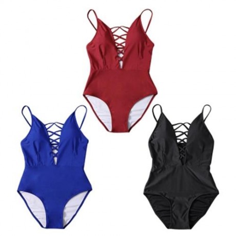 SPAGHETTI STRAP HOLLOW OUT PAD BACKLESS WOMEN SWIMSUIT (RED)