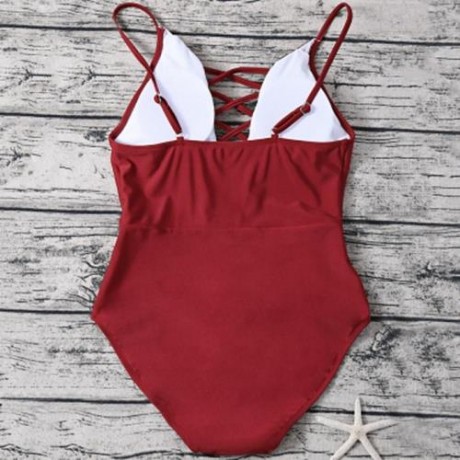 SPAGHETTI STRAP HOLLOW OUT PAD BACKLESS WOMEN SWIMSUIT (RED)
