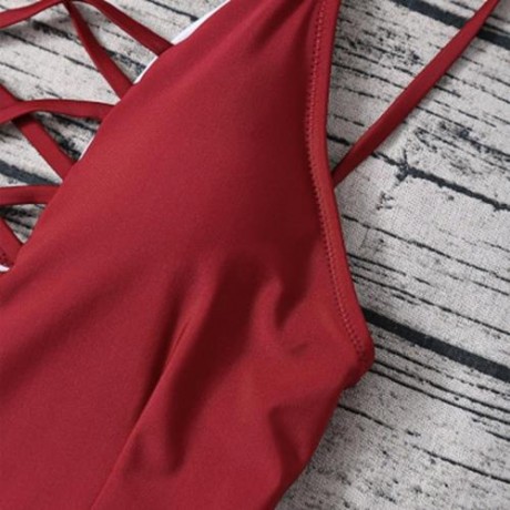 SPAGHETTI STRAP HOLLOW OUT PAD BACKLESS WOMEN SWIMSUIT (RED)
