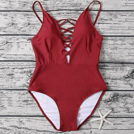SPAGHETTI STRAP HOLLOW OUT PAD BACKLESS WOMEN SWIMSUIT (RED)