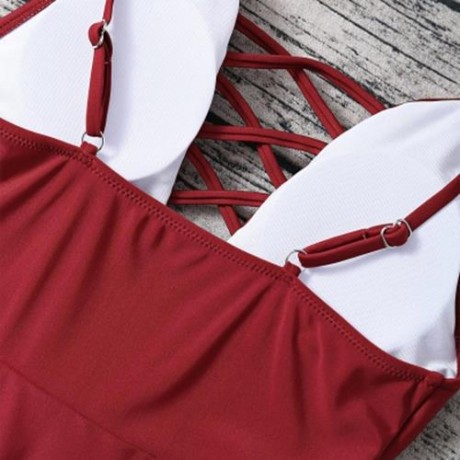 SPAGHETTI STRAP HOLLOW OUT PAD BACKLESS WOMEN SWIMSUIT (RED)