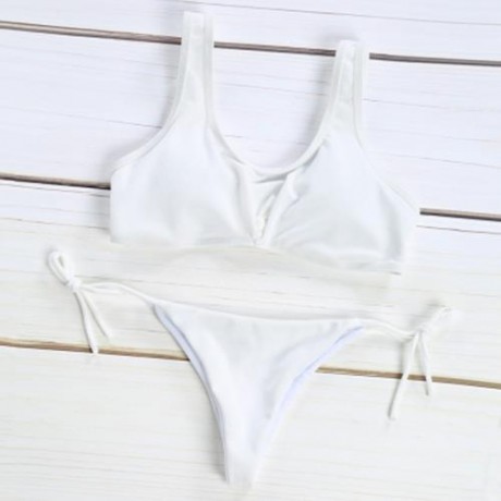 SPAGHETTI STRAP BACKLESS PAD LOW WAIST TIE WOMEN BIKINI SET (WHITE)