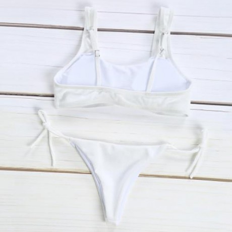 SPAGHETTI STRAP BACKLESS PAD LOW WAIST TIE WOMEN BIKINI SET (WHITE)