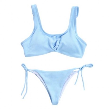 SPAGHETTI STRAP BACKLESS PAD LOW WAIST TIE WOMEN BIKINI SET (BLUE)