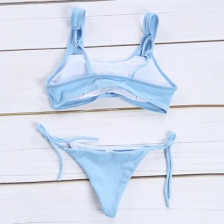SPAGHETTI STRAP BACKLESS PAD LOW WAIST TIE WOMEN BIKINI SET (BLUE)