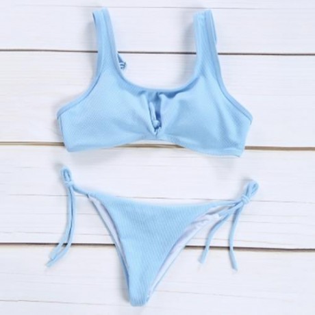 SPAGHETTI STRAP BACKLESS PAD LOW WAIST TIE WOMEN BIKINI SET (BLUE)