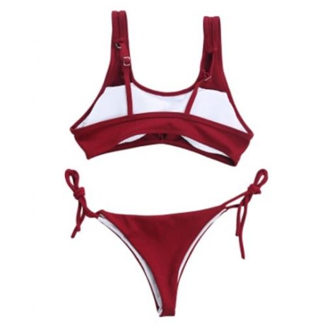 SPAGHETTI STRAP BACKLESS PAD LOW WAIST TIE WOMEN BIKINI SET (WINE RED)
