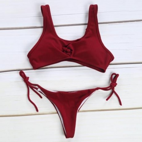 SPAGHETTI STRAP BACKLESS PAD LOW WAIST TIE WOMEN BIKINI SET (WINE RED)