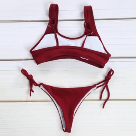 SPAGHETTI STRAP BACKLESS PAD LOW WAIST TIE WOMEN BIKINI SET (WINE RED)