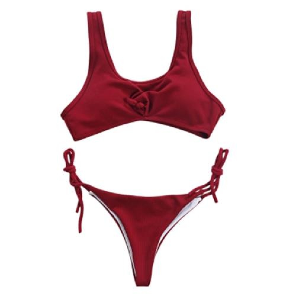 SPAGHETTI STRAP BACKLESS PAD LOW WAIST TIE WOMEN BIKINI SET (WINE RED)