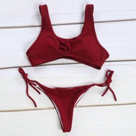 SPAGHETTI STRAP BACKLESS PAD LOW WAIST TIE WOMEN BIKINI SET (WINE RED)