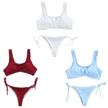 SPAGHETTI STRAP BACKLESS PAD LOW WAIST TIE WOMEN BIKINI SET (WINE RED)