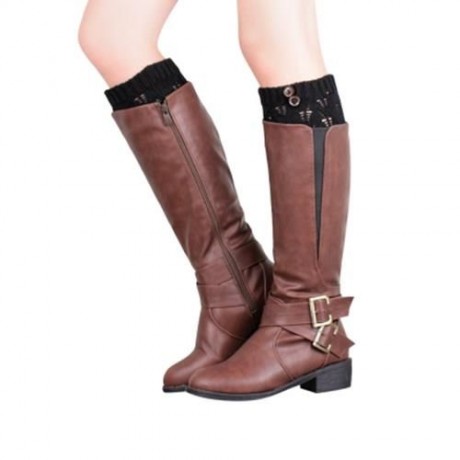 HOLLOW OUT LEAF PATTERN GIRLS KNITTED WARM LONG SOCKS (BLACK)