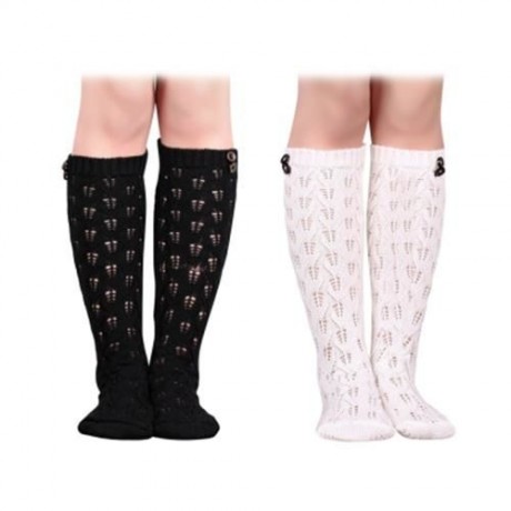HOLLOW OUT LEAF PATTERN GIRLS KNITTED WARM LONG SOCKS (BLACK)