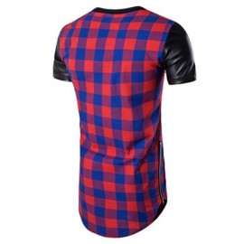 PU LEATHER PANEL SIDE ZIP UP PLAID LONGLINE T-SHIRT (BLUE)