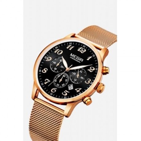 MEGIR 2022 CASUAL WORKING SUB-DIAL MALE QUARTZ WATCH WITH STAINLESS STEEL NET STRAP (BLACK