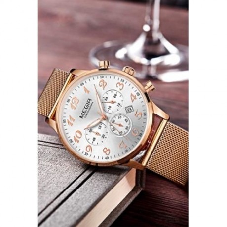 MEGIR 2022 CASUAL WORKING SUB-DIAL MALE QUARTZ WATCH WITH STAINLESS STEEL NET STRAP (BLACK