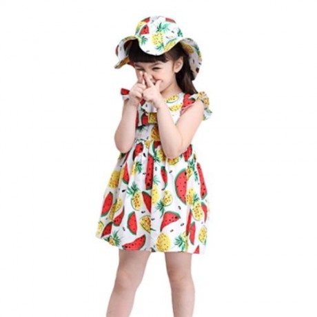 KIMOCAT 2PCS GIRLS RUFFLE WATERMELON PINEAPPLE PRINT DRESS HAT (WHITE)