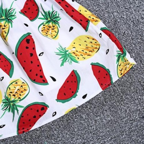 KIMOCAT 2PCS GIRLS RUFFLE WATERMELON PINEAPPLE PRINT DRESS HAT (WHITE)