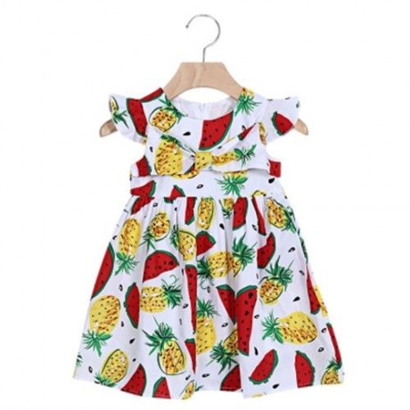KIMOCAT 2PCS GIRLS RUFFLE WATERMELON PINEAPPLE PRINT DRESS HAT (WHITE)