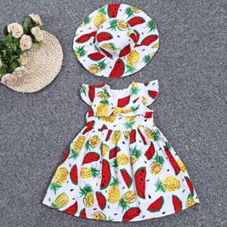 KIMOCAT 2PCS GIRLS RUFFLE WATERMELON PINEAPPLE PRINT DRESS HAT (WHITE)
