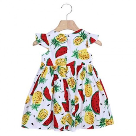 KIMOCAT 2PCS GIRLS RUFFLE WATERMELON PINEAPPLE PRINT DRESS HAT (WHITE)