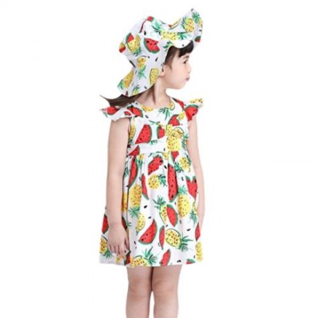 KIMOCAT 2PCS GIRLS RUFFLE WATERMELON PINEAPPLE PRINT DRESS HAT (WHITE)