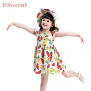 KIMOCAT 2PCS GIRLS RUFFLE WATERMELON PINEAPPLE PRINT DRESS HAT (WHITE)