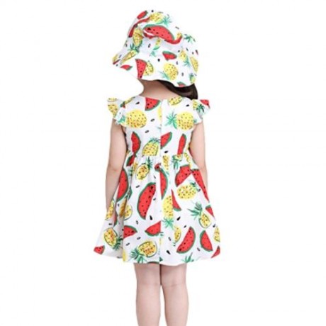 KIMOCAT 2PCS GIRLS RUFFLE WATERMELON PINEAPPLE PRINT DRESS HAT (WHITE)