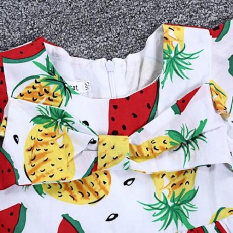 KIMOCAT 2PCS GIRLS RUFFLE WATERMELON PINEAPPLE PRINT DRESS HAT (WHITE)