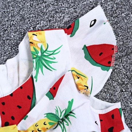 KIMOCAT 2PCS GIRLS RUFFLE WATERMELON PINEAPPLE PRINT DRESS HAT (WHITE)