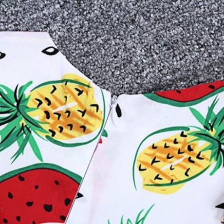 KIMOCAT 2PCS GIRLS RUFFLE WATERMELON PINEAPPLE PRINT DRESS HAT (WHITE)