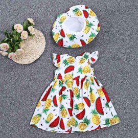 KIMOCAT 2PCS GIRLS RUFFLE WATERMELON PINEAPPLE PRINT DRESS HAT (WHITE)