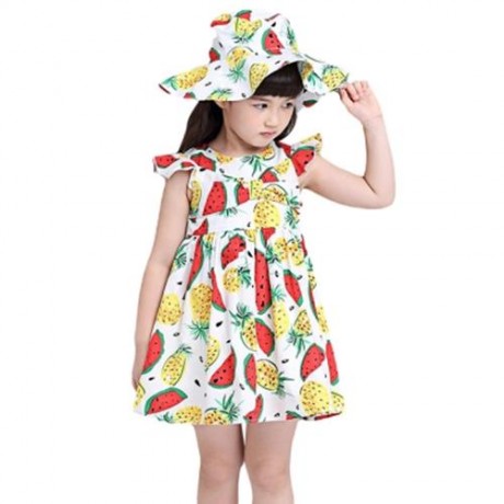 KIMOCAT 2PCS GIRLS RUFFLE WATERMELON PINEAPPLE PRINT DRESS HAT (WHITE)