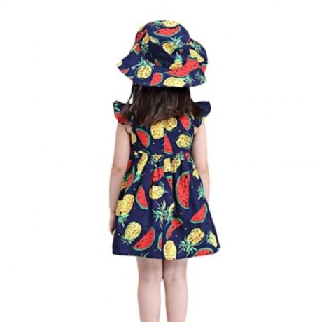 KIMOCAT 2PCS GIRLS RUFFLE WATERMELON PINEAPPLE PRINT DRESS HAT (CERULEAN)