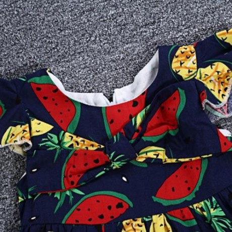 KIMOCAT 2PCS GIRLS RUFFLE WATERMELON PINEAPPLE PRINT DRESS HAT (CERULEAN)