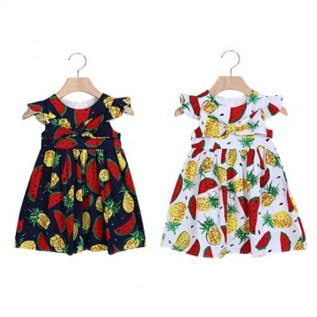 KIMOCAT 2PCS GIRLS RUFFLE WATERMELON PINEAPPLE PRINT DRESS HAT (CERULEAN)