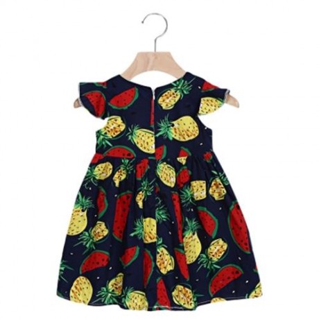 KIMOCAT 2PCS GIRLS RUFFLE WATERMELON PINEAPPLE PRINT DRESS HAT (CERULEAN)