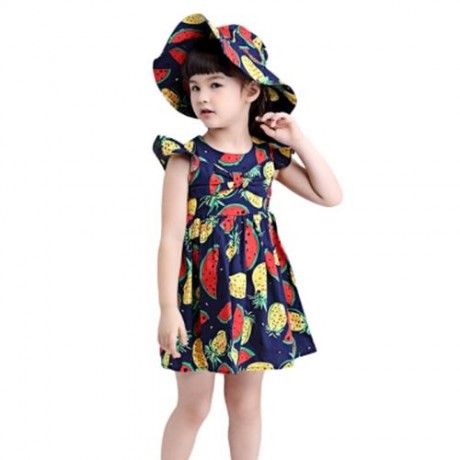 KIMOCAT 2PCS GIRLS RUFFLE WATERMELON PINEAPPLE PRINT DRESS HAT (CERULEAN)