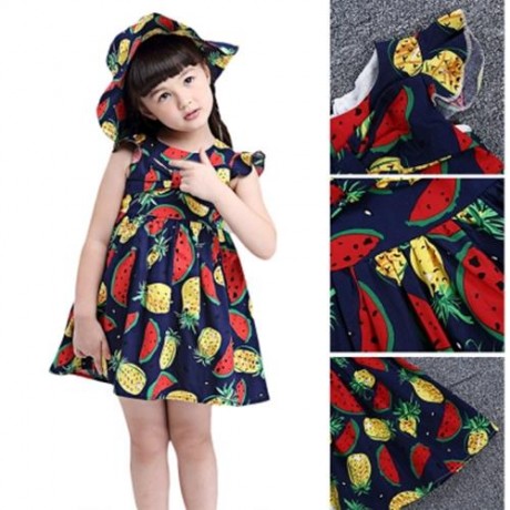 KIMOCAT 2PCS GIRLS RUFFLE WATERMELON PINEAPPLE PRINT DRESS HAT (CERULEAN)