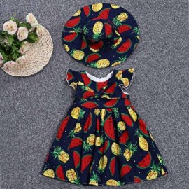 KIMOCAT 2PCS GIRLS RUFFLE WATERMELON PINEAPPLE PRINT DRESS HAT (CERULEAN)