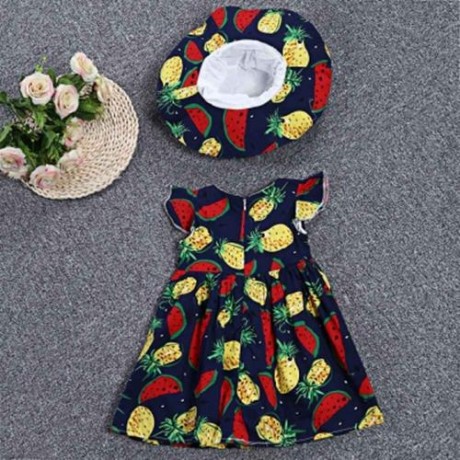 KIMOCAT 2PCS GIRLS RUFFLE WATERMELON PINEAPPLE PRINT DRESS HAT (CERULEAN)