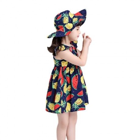 KIMOCAT 2PCS GIRLS RUFFLE WATERMELON PINEAPPLE PRINT DRESS HAT (CERULEAN)