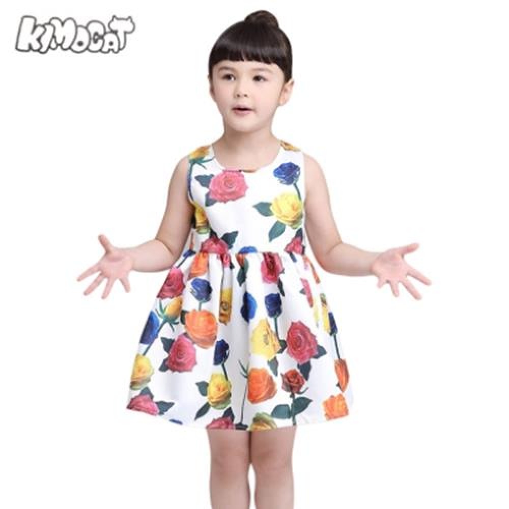 KIMOCAT SLEEVELESS ZIPPER FLORAL PRINT KID TANK DRESS FOR GIRLS (WHITE)