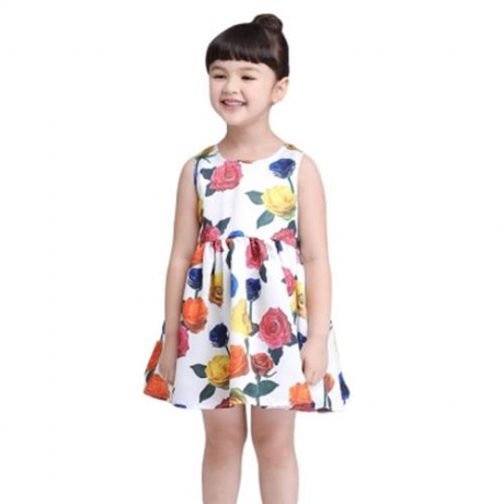 KIMOCAT SLEEVELESS ZIPPER FLORAL PRINT KID TANK DRESS FOR GIRLS (WHITE)